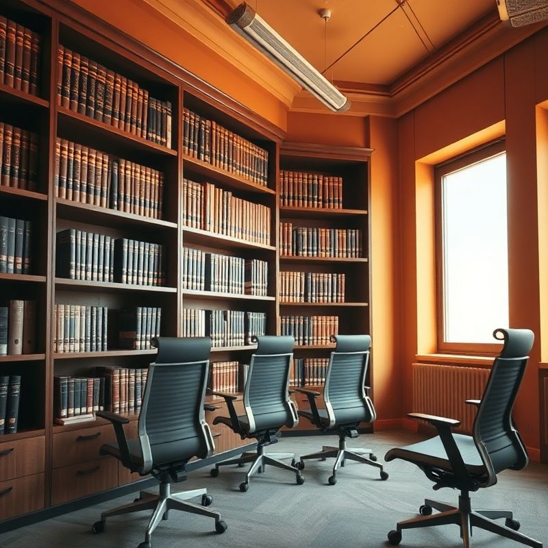 Interior de birou de consultanță în tonuri calde de gri și ocru, cu volume juridice pe rafturi